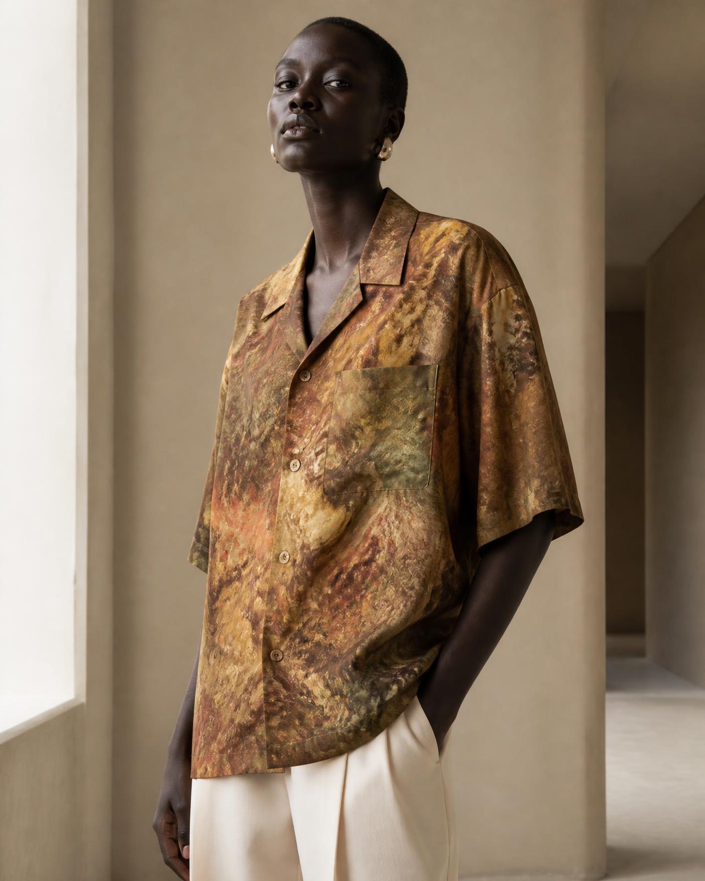 African model wearing the Marbled Autumn Camp Collar Shirt in a minimalist corridor